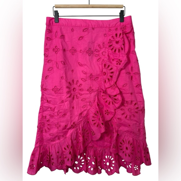 J.Crew NWT Women's Pink Embroidered Eyelet Ruffle Front Pull On Midi Skirt Med - Picture 2 of 7